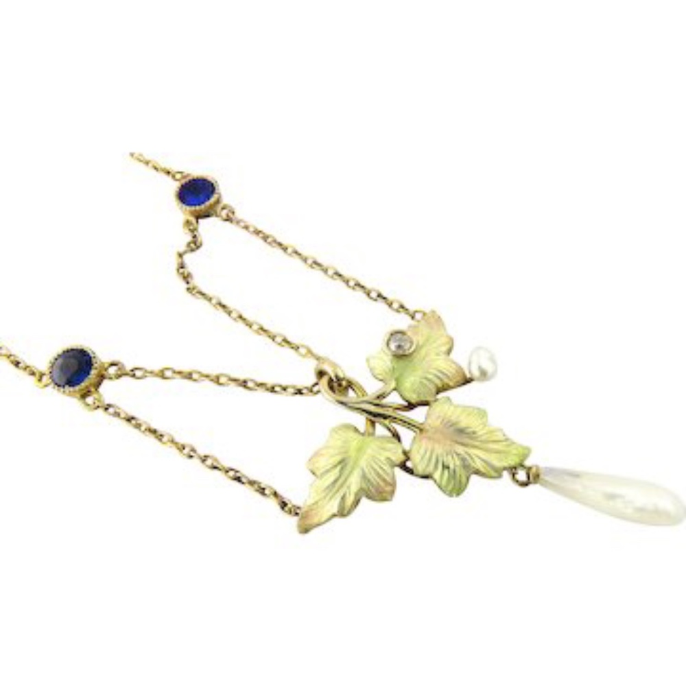 Art Nouveau 14K Yellow Gold Enameled Leaf Diamond Blue Garnet Necklace #16978